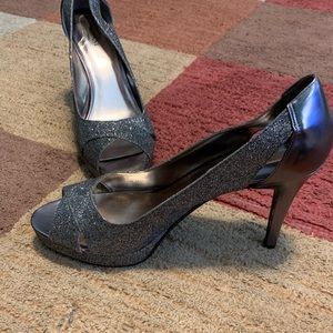 Silver Glitter pewter open toe heels